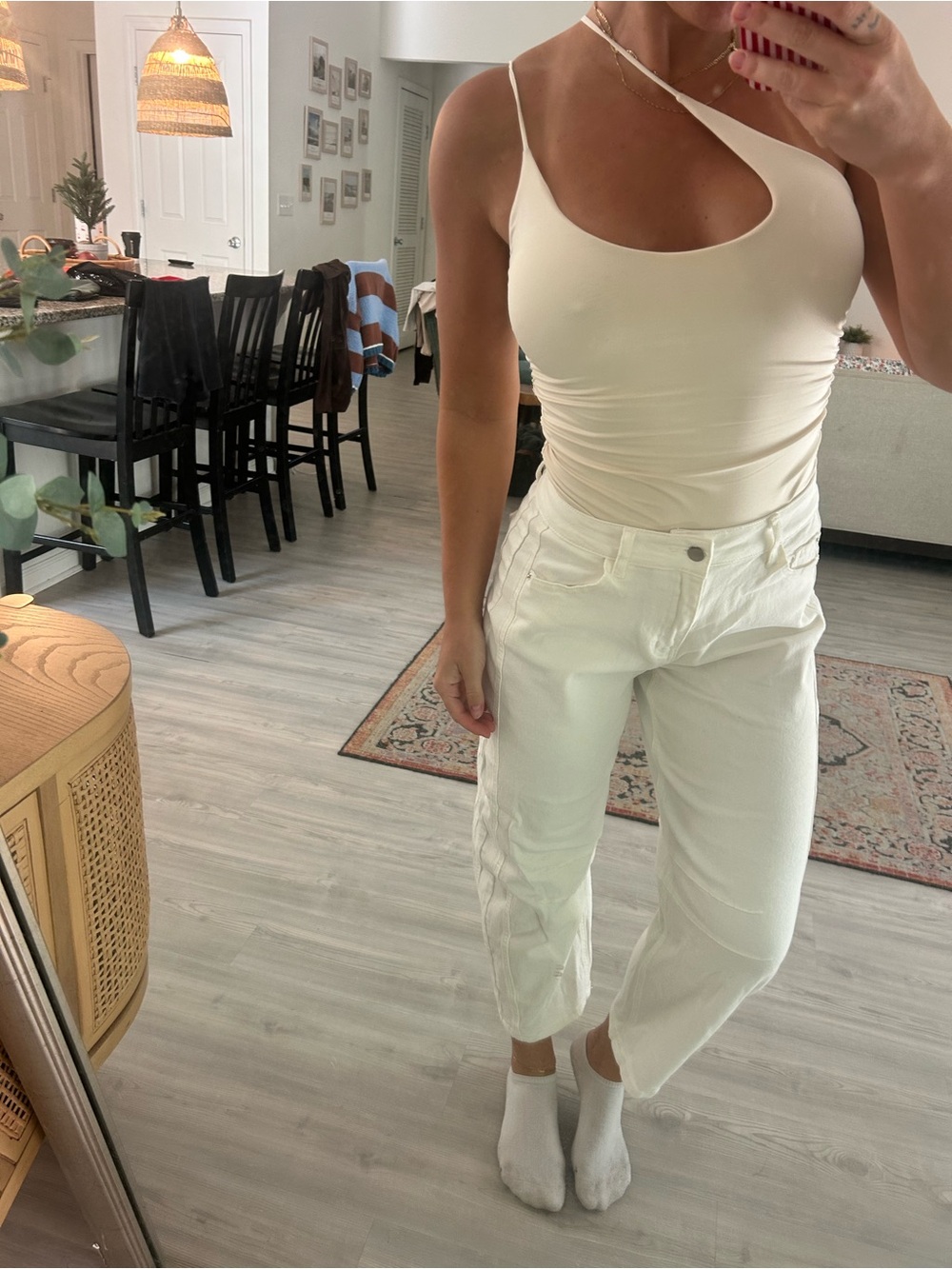 Oh Polly Cream One-Shoulder Asymmetric Bodysuit